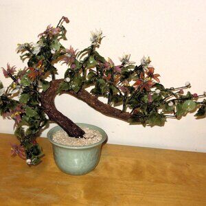 Vintage Chinese Jade Quartz glass Flower Bonsai Tree Sculpture Celadon Pot MCM